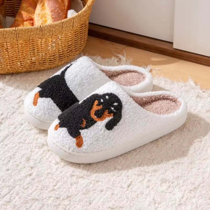 Pet Pattern Dachshund Embroidery Stuffed Home Thick Sole Plaid Furry Cotton Slippers Warm Non-Slip Indoor Slippers Pet Mom Gift