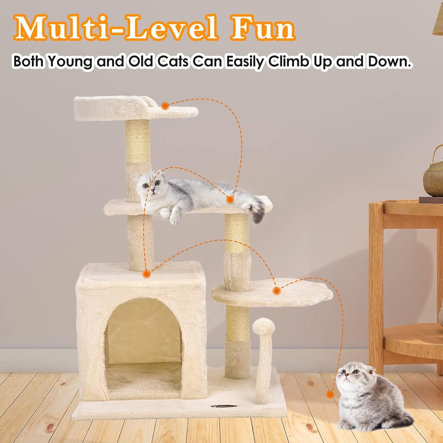 Cat Tree Tower, Cat Condo Tree Climbing Frame Furniture with Scratching Post Cat House for Outdoor Indoor Cat Tower Cat Activity Centre for Sleeping and Playing (33.5" Beige)