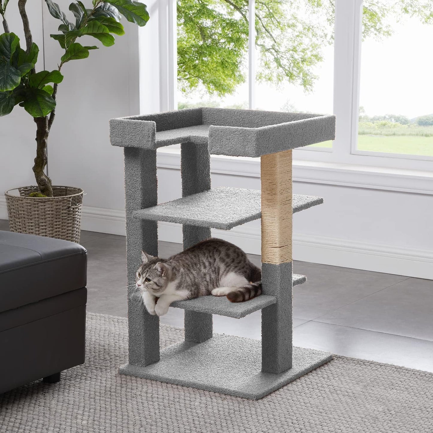 Callie 3-Level Cat Tree Tower, Multi-Level Kitten Tower Play House Activity Center, Kitty Pet Tree House Furniture for Indoor Cats – Gray