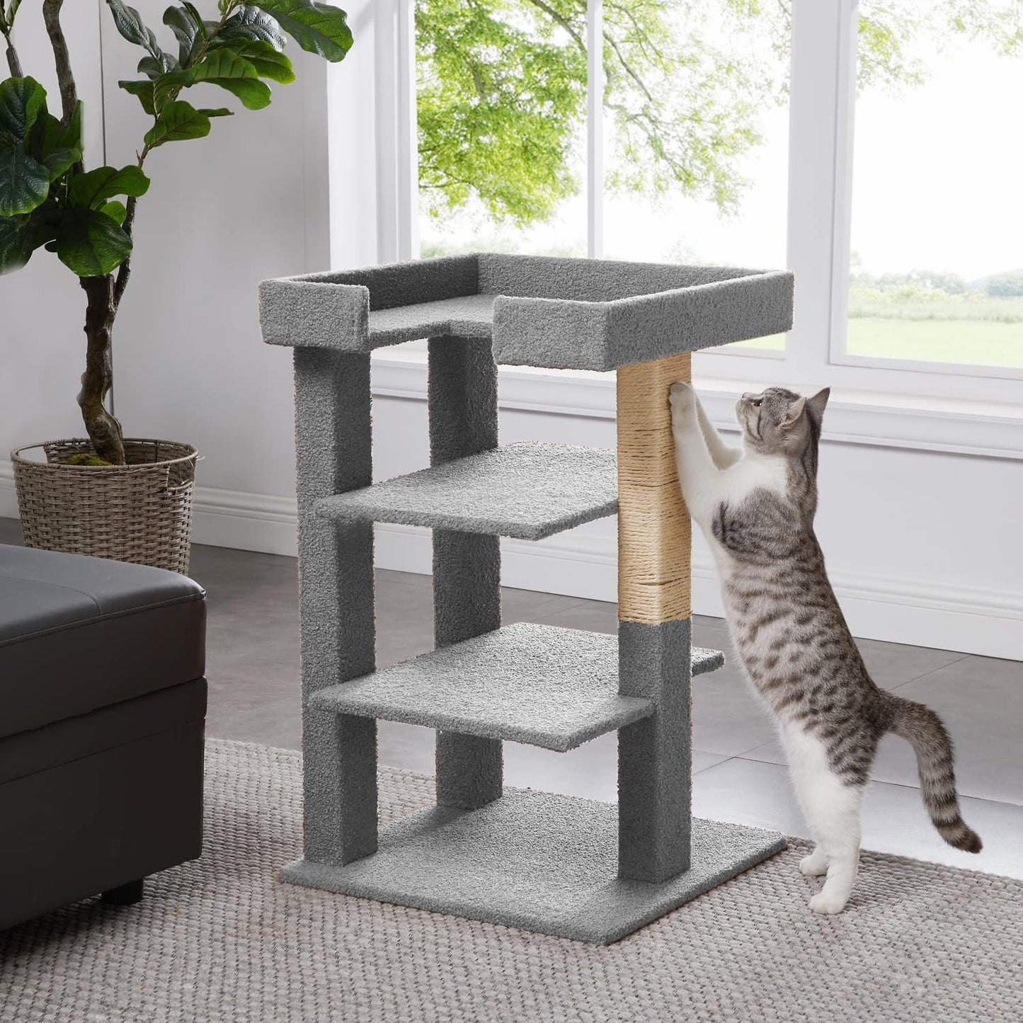 Callie 3-Level Cat Tree Tower, Multi-Level Kitten Tower Play House Activity Center, Kitty Pet Tree House Furniture for Indoor Cats – Gray