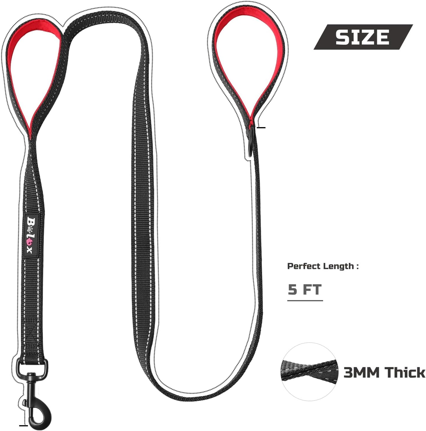 5Ft Dog Leash, Heavy Duty Rope Leash with 2 Padded Handle – Pet Training Lead with 3M Reflective Double Handle for Traffic Control Safety, Perfect for Large Medium or Small Dog (Black+Red)