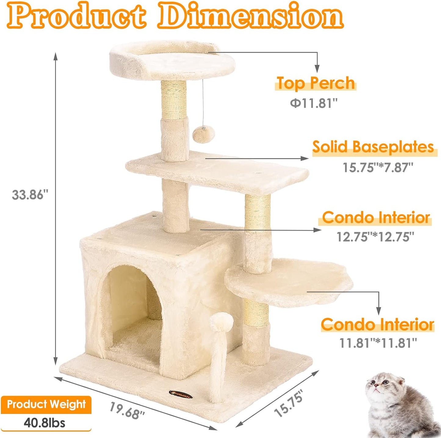 Cat Tree Tower, Cat Condo Tree Climbing Frame Furniture with Scratching Post Cat House for Outdoor Indoor Cat Tower Cat Activity Centre for Sleeping and Playing (33.5" Beige)