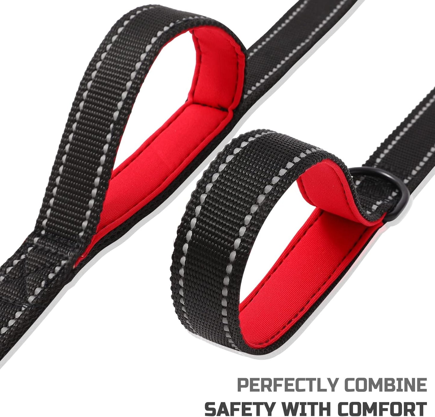5Ft Dog Leash, Heavy Duty Rope Leash with 2 Padded Handle – Pet Training Lead with 3M Reflective Double Handle for Traffic Control Safety, Perfect for Large Medium or Small Dog (Black+Red)