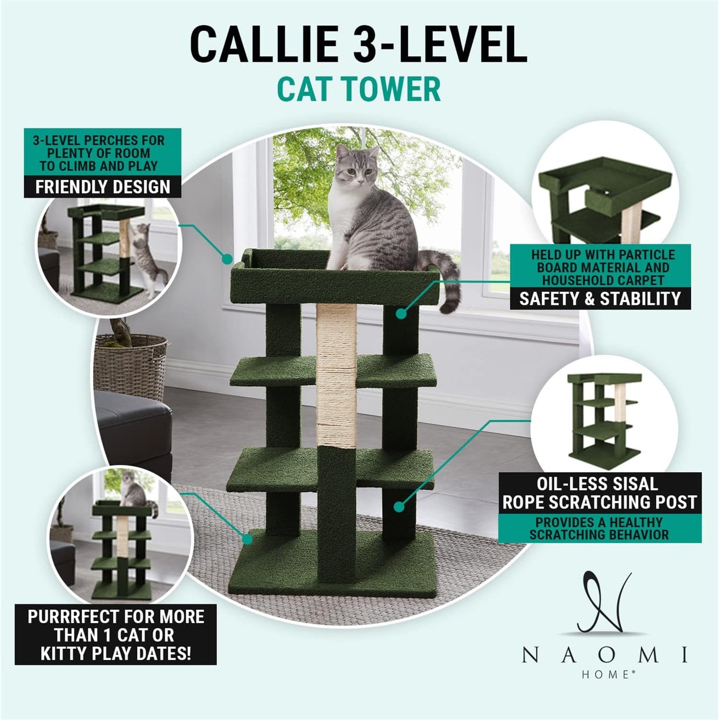 Callie 3-Level Cat Tree Tower, Multi-Level Kitten Tower Play House Activity Center, Kitty Pet Tree House Furniture for Indoor Cats – Gray