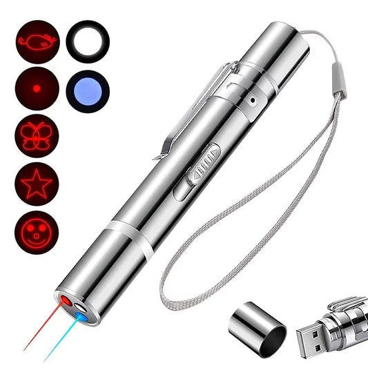 Cat Toys Laser Pointer with 5 Adjustable Patterns USB Recharge Laser Long Range Training Chaser Interactive Toy Dog Laser Pen