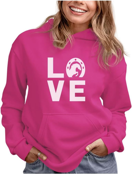Horseshoe Print Love Hoodie for Women Teen Girls Equestrian Horseback Riding Horse Sweatshirt Hoodies