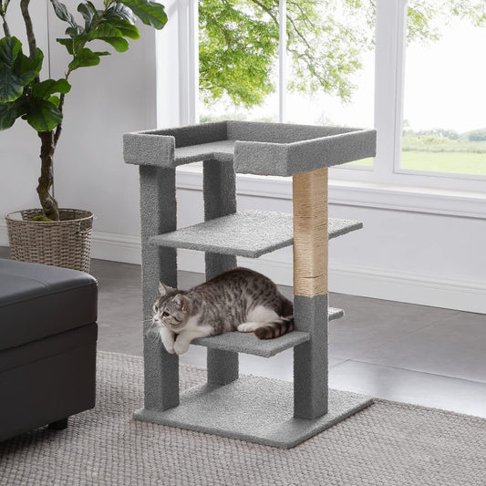 Callie 3-Level Cat Tree Tower, Multi-Level Kitten Tower Play House Activity Center, Kitty Pet Tree House Furniture for Indoor Cats – Gray