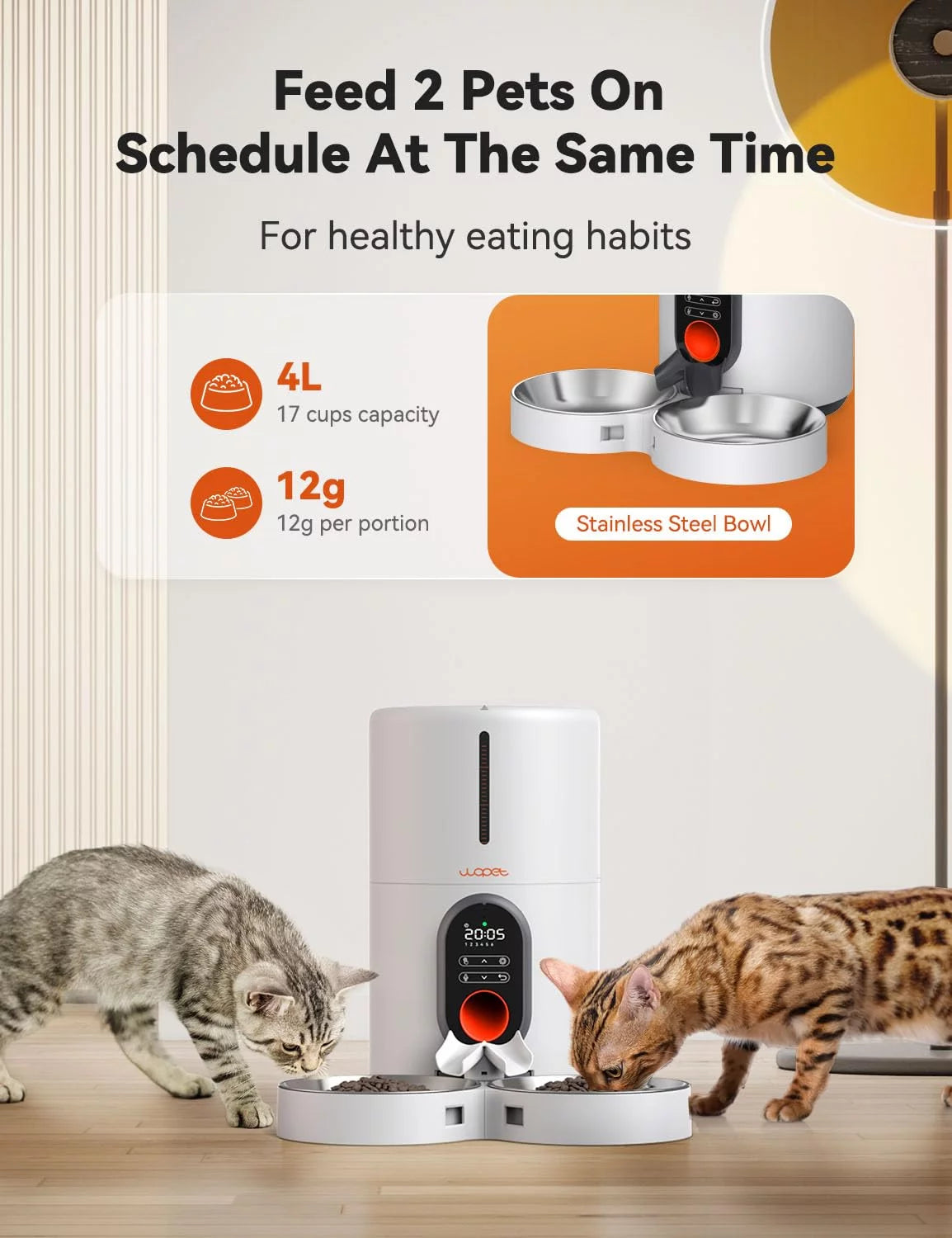 Automatic 4 L Dual Bowl Feeder with Voice Recording for Small Pets